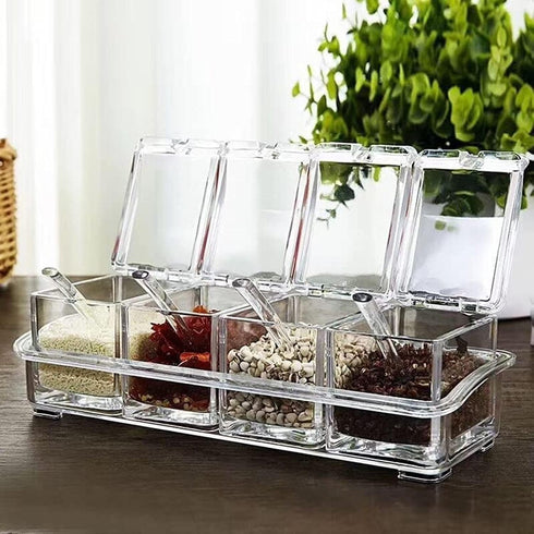 Clear Seasoning Box,4 Spice Jars Condiment Containers with Lids and 4Pcs Spoons 1Pcs Tray Seasoning Organizer for Salt, Sugar,Cardamon, Cinnamon,C...