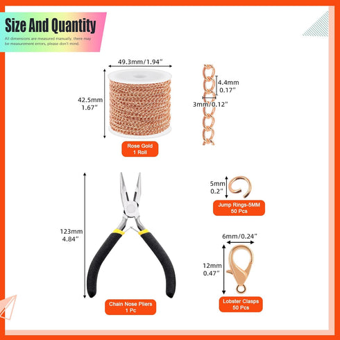 Tanstic 102Pcs 30 Feet Jewelry Making Chains Necklace Chains Bulk Cable Link Chain with 50Pcs Jump Rings, 50Pcs Lobster Clasps, Pliers for Bracele...