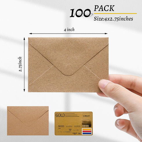100 Pack 4 x 2.75" Mini Envelopes 120GSM Gift Card Kraft Envelopes Bulk Small Paper Gift Card Sleeves Greeting Card Business Card Brown Tiny Envel...
