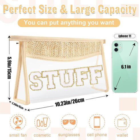 Boho Clear Makeup Letter Patch Makeup Bag STUFF Pouch, Clear Toiletry Bags Travel Small Cute Stadium Chenille Letter Cosmetic Zipper Pouch Purse, ...