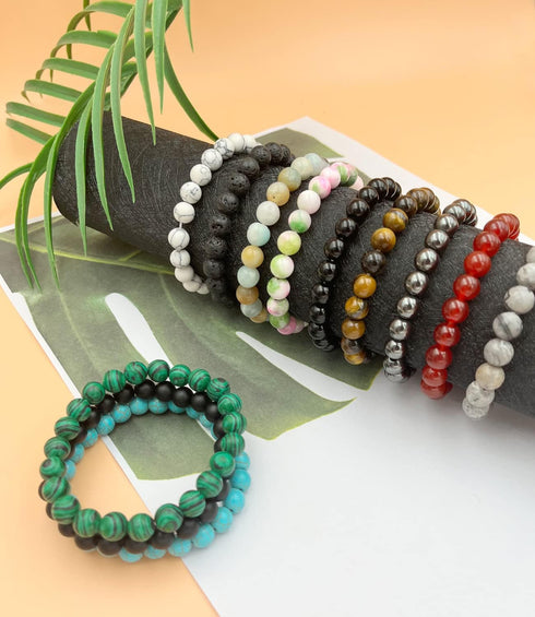 BOMAIL 12Pcs Natural Semi-Precious Gemstones Bracelets -8mm Round Beaded Bracelets for Men Women Reiki Healing Crystals Beads Stretch Bracelet...