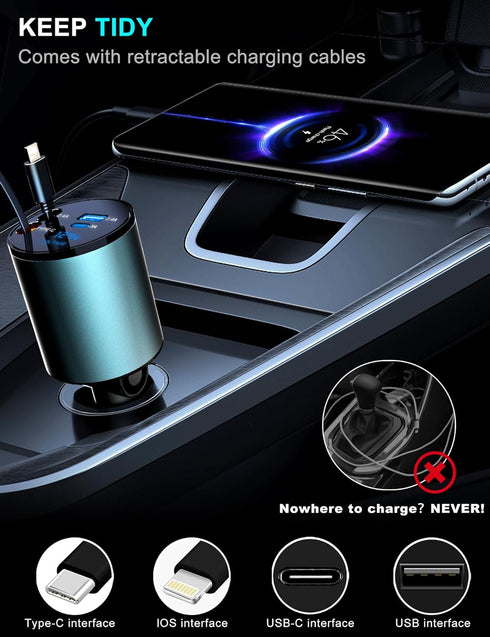 60W Multi-Port Car Fast Charger with Retractable Cable Car Cigarette Lighter Adapter, 4-in-1 Fast Charger for Smart Devices, Compatible with iPhon...