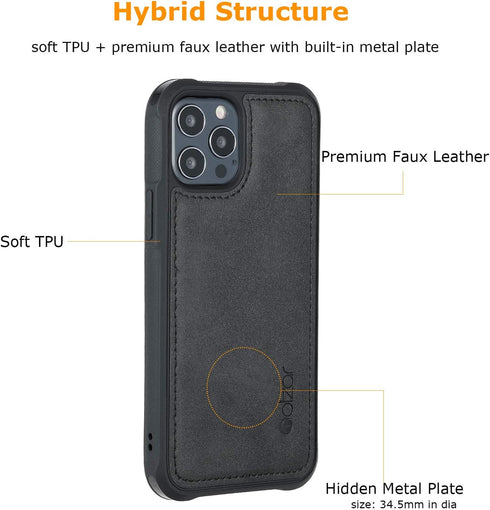 Molzar MAG Series iPhone 12 and iPhone 12 Pro Case with Faux Leather, Built-in Metal Plate for Magnetic Mount, Wireless Charging Support, Compatib...