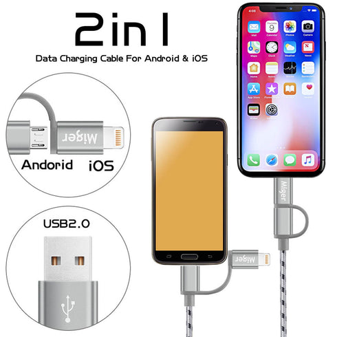 Multi Charging Cable 6.5Ft/2M MFi Certified 2Pack USB A to Lightning/Micro USB Cables 2 in 1 Nylon Braided Charge and Sync Charger Cord for iPhone...