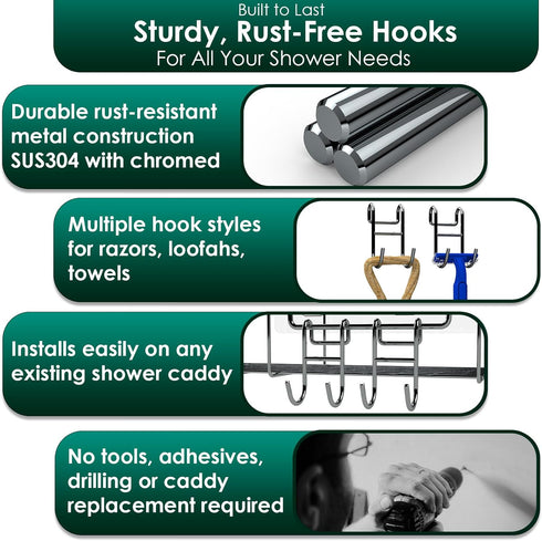 Shower Caddy Shelf Basket Rack Hooks Stainless Steel Metal Bathroom Hangers Hanging for Loofah Robe Massage Towel Squeegee Sponge Razor 2 Pack...