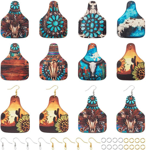 Wood Earring Making Kit 32Pcs Cattle Head Sunflower Flower Printed Wood Pendants Vintage Western Wood Charms with 80Pcs Earring Hooks 80Pcs Jump R...