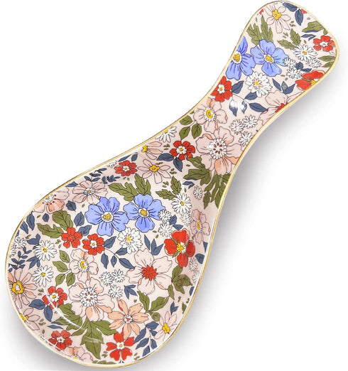 Ceramic Spoon Rest for Stove Top Large Spoon Holder Farmhouse Spoon Rest for Kitchen Counter Floral Coffee Spoon Rest Flowers Print Cooking Utensi...