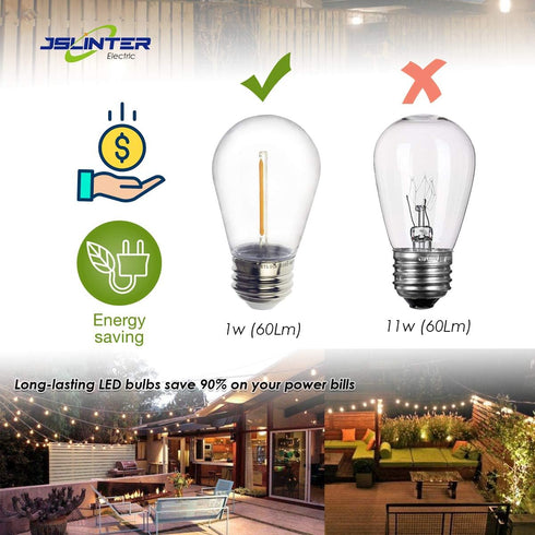 Jslinter S14 1W Outdoor String Lights Bulbs LED, Shatterproof & Waterproof, 2200K Warm White, 11W Equivalent, E26 Base, Edison Vintage Style Repla...