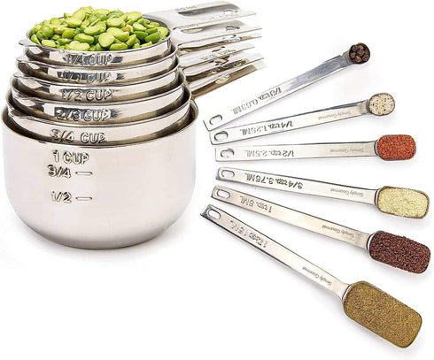 Simply Gourmet Measuring Cups and Spoons Set of 12, 304 Premium Stainless Steel, Stackable Cups Long Handle Spoons Fits Narrow Jars, Kitchen Gadge...