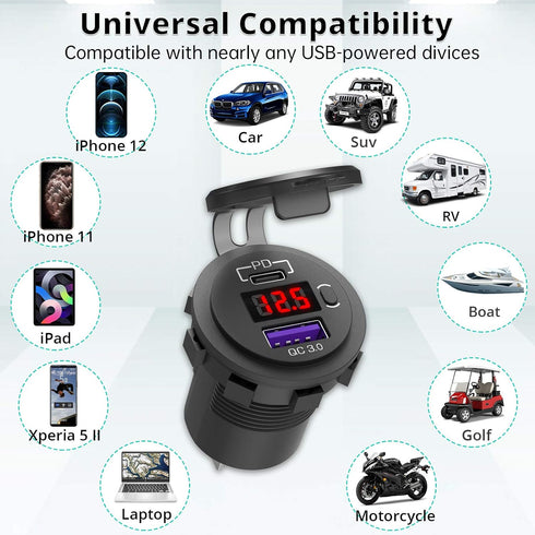 12V USB C Car Charger Socket, Ouffun Dual PD & QC 3.0 Ports 12V USB Car Outlet Adapter with Button Switch, lPhone Fast Charger with 23.7 Inches Wi...