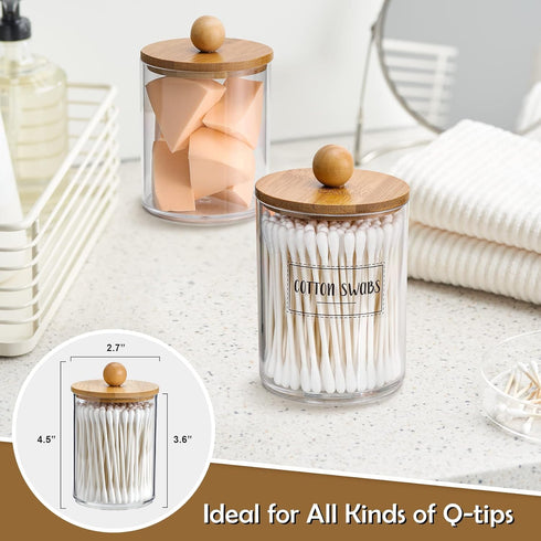 4 Pack Qtip Holder Dispenser with Bamboo Lids - 10 oz Clear Plastic Apothecary Jar Containers for Vanity Makeup Organizer Storage - Bathroom Acces...