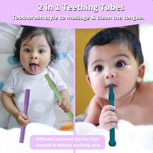 Teether Tubes for Babies 6 12 18 Months, 4 Pack Hollow Straw Toddler Teether Toys for molars, Silicone Chew Tube for Sensory Kids with Chewing or ...