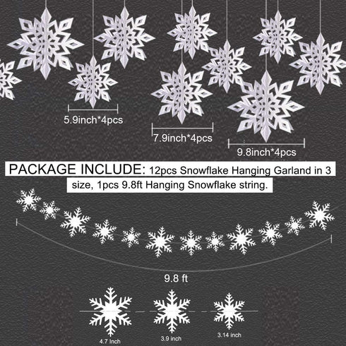 OuMuaMua Winter Christmas Hanging Snowflake Decorations, 12PCS Snowflakes Garland & 12PCS 3D Glittery Large White Snowflake for Christmas Winter W...