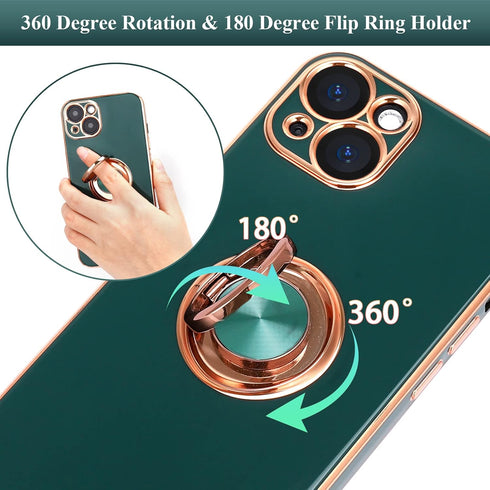 Design for iPhone 13 Case, Built-in 360° Rotatable Ring Holder Magnetic Kickstand Soft Silicone Ultra Slim Edge Plating Protective Cover 2021 6.1 ...
