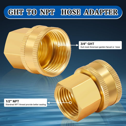 Boltigen 2PCS Brass Garden Hose Fittings, 3/4 GHT Female x 1/2 NPT Female Swivel Adapter, 3/4GHT to 1/2NPT Brass Swivel Pipe Connector for Garden...