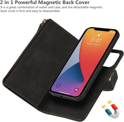 iCoverCase Compatible with iPhone 13 Pro Wallet Phone Case with Card Holder, PU Leather Zipper Pocket Magnetic Detachable Flip Case with Wrist Str...