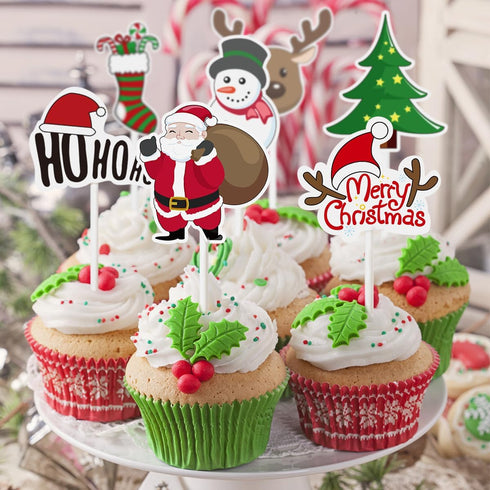 Amosfun 72PCS Christmas Cupcake Toppers,11x5cm Cake Decoration Santa Claus Tree Snowman Sock Candy Theme Party Cake Toppers Picks Christmas Decora...
