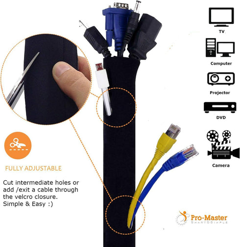 Premium 63'' Cable Management Sleeve, Best Cords Organizer for TV On Wall, Desk, Computer, Office, Home - DIY Adjustable Reversible Black and Whit...