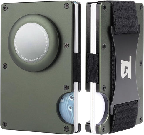 Mens metal wallet wallet with Airtag holder RFID Blocking Minimalist wallet (Army Green W/Strap)...