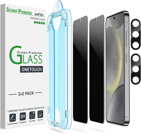 amFilm 2+2 Pack OneTouch Privacy Screen Protector for Samsung Galaxy S24 6.2 inch + Camera Lens Protector, Tempered Glass, 30 Seconds Auto-Alignme...