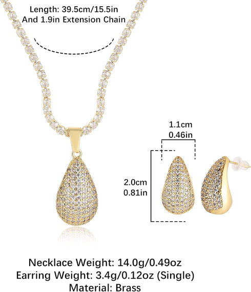 HZMAN Teardrop Earrings Necklace Jewelry Set for Women Bride Dainty 18K Gold White Plated Cubic Zirconia Stud Tearsdrop Earring Wedding Party Jewe...