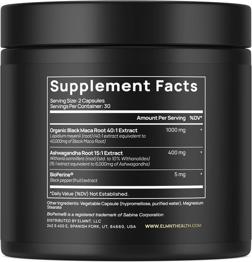 ELMNT 40,000mg 40x Strength Organic Black Maca Root with Ashwagandha - Highest Potency Black Maca Root Capsules for Men - 100% Pure Maca Peruana P...
