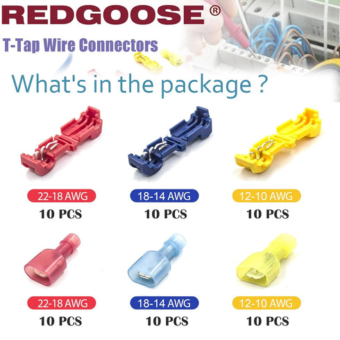 60PCS T Tap Wire Connectors, 22-10 AWG Quick Splice Wire Connectors(22-18AWG Red 10Pairs, 18-14AWG Blue 10Pairs, 12-10AWG Yellow 10Pairs)...