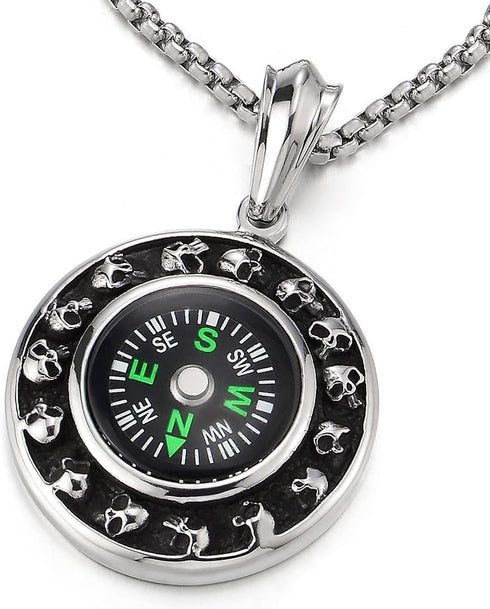 COOLSTEELANDBEYOND Silver Black Circle Skull Compass Pendant Mens Necklace Stainless Steel, 30 inches Wheat Chain...