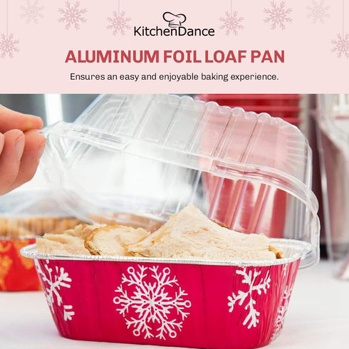 KitchenDance Disposable Aluminum Holiday 1 Lb Mini Loaf Pan with Clear Snap on Lid - 15 Ounces Aluminum Foil Pan for Baking, 9302X, (Red & Silver,...