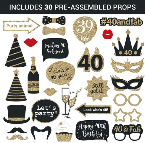 Fully Assembled 40th Birthday Photo Booth Props - Set of 30 - Black & Gold Selfie Signs - 40th Party Supplies & Decorations - Cute Bday Designs wi...