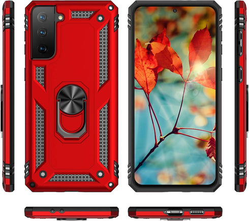 Military Grade Shockproof Case for Samsung Galaxy S21 FE, Red - Full Body Protective Phone Case with 360 Metal Rotating Ring Kickstand Holder Armo...