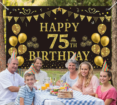 Trgowaul 75th Birthday Backdrop Gold and Black 5.9 X 3.6 Fts Happy Birthday Party Decorations Banner for Women Men Photography Supplies Background...