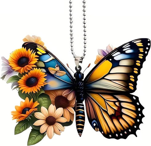 Butterfly Car Rearview Mirror Accessories, Butterfly Car Hanging Ornament, Sunflower Car Pendant for Home Decoration Keepsake Christmas Valentine'...