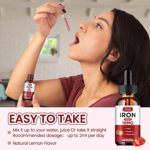 Liquid Iron Supplement for Women & Men Iron Drops Iron Supplements for Anemia with Folate, Vitamin C, B12 for Red Blood Cell Support-Strawberry, 2...