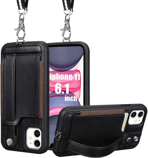 TOOVREN for iPhone 11 Wallet Lanyard Case Protective Cover with PU Leather Card Holder Adjustable Detachable Phone Lanyard Stand Strap for iPhone ...