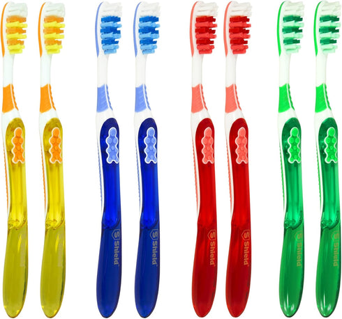 Toothbrush Dual Pro with Multi-Level Filaments, Anti-Slip Grip (Expert Care - Medium Bristles) Adults - Yellow, Red, Blue, Green - 8 Count (Pack o...