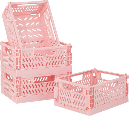 4-Pack Pink Plastic Storage Crate Small Baskets for Organizing Collapsible Storage Crates for Desk Organizers,Stackable Cute Storage Bins for Clas...