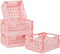 4-Pack Pink Plastic Storage Crate Small Baskets for Organizing Collapsible Storage Crates for Desk Organizers,Stackable Cute Storage Bins for Clas...