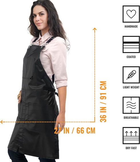 Under NY Sky Cross-Back Black Apron – Chrome Hardware, Coated Twill, Leather Reinforcement, Split-Leg – Adjustable for Men, Women, Pro Barber, Tat...