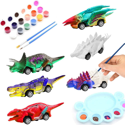 Mchochy 6 Pack Painting Dinosaur Pull Back Car Toys Arts and Crafts for Kids Age 3-12, DIY Dinosaur Painting Kits for Boys Girls Kids Christmas Pa...