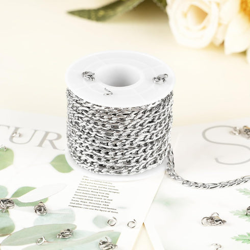 Jabogrii 32.8 Feet Silver Jewelry Making Chains Stainless Steel Necklace Bracelet Women Chains Spool with Lobster Clasps and Open Jump Rings...