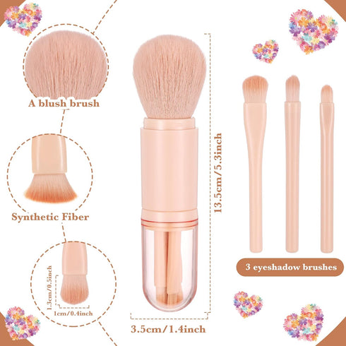3 Sets Travel Brush Makeup Set, 4 in 1 Mini Portable Lip Brush Foundation Blending Powder Eye Shadow Brush for Women Facial Retractable Set...