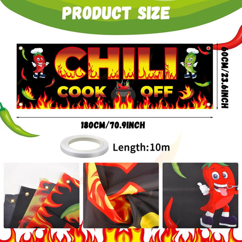 Chili Cook Off Decorations, 71" x 24" Chili Cook Off Banner, 3 Pcs Chili Pepper Plastic Tablecloth Table Cover 53" x 108", Mexican Fiesta Chili Co...