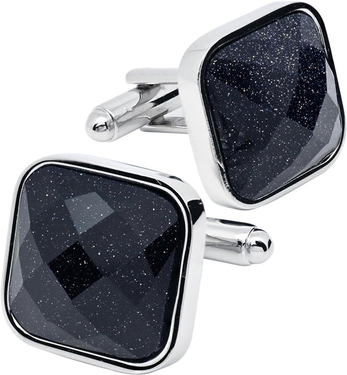 Square Natural Blue Sanstone Cufflinks for Men In Gift Case Polyhedral Gemstone Silver Men's Cufflinks Jewelry Set for Wedding Party Anniversary B...