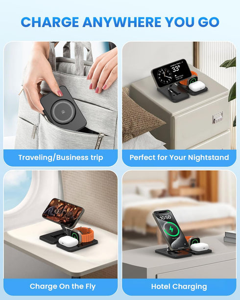 JoyGeek Magnetic Wireless Charging Station for Apple Devices, 3 in 1 Foldable Charger Stand for MagSafe,Compatible with iPhone 15/14/13/12 Series,...