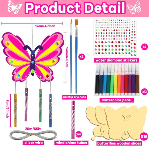 16 Pack Butterfly Wind Chime Kits Butterfly Crafts for Kids Make Your Own Butterfly Wind Chime Wooden DIY Arts and Crafts for Summer Party School ...