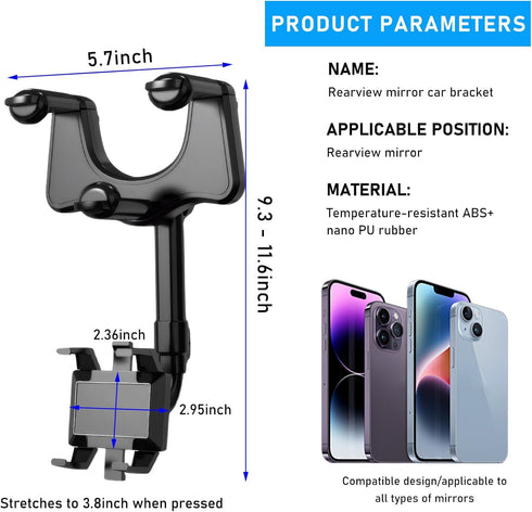 Rear View Mirror Phone Holder, 360° Rotatable and Retractable Phone Mount for Car, Anti-Shake Cell Phone Holder for Auto Fit All Mobiles, Universa...