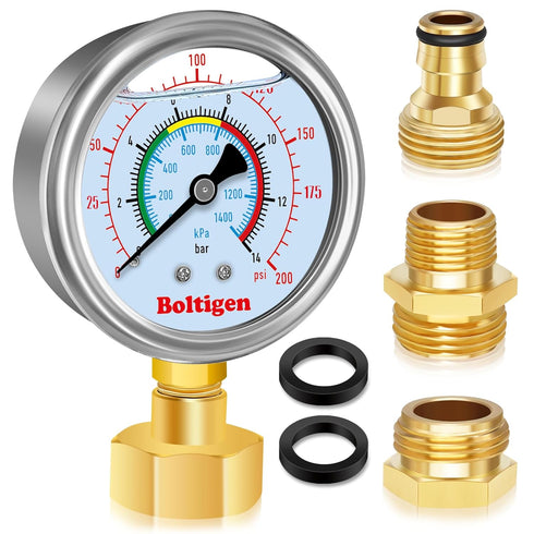 Water Pressure Gauge, 0-200 Psi Pressure Gauge Filled with Oil, 3/4" GHT Female Thread Water Pressure Test Gauge with 3 Adapters,for Home, industr...