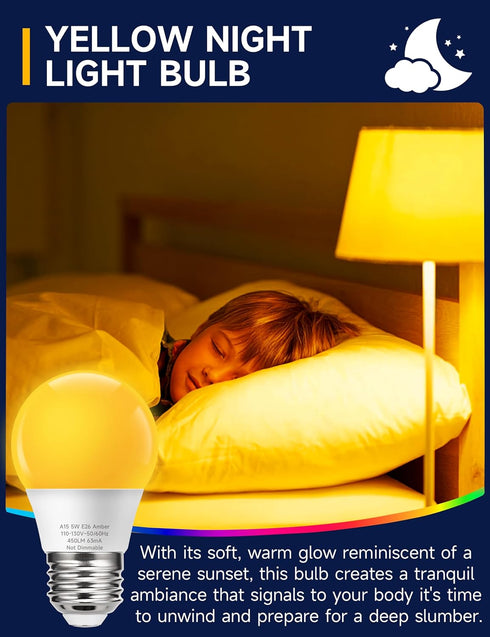 Yellow Amber Bug Light Bulbs, LED Bug Lights for Outside Porch Lights, A15 Small Amber Night Light Bulb, 5W Equivalent 40W E26 Yellow Bulbs Outdoo...