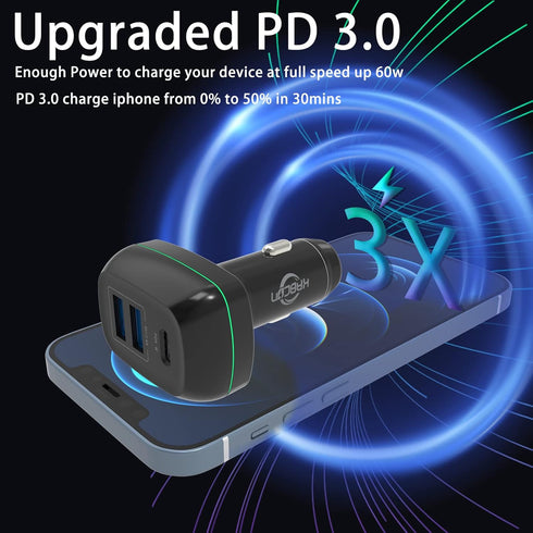 USB C PD Car Charger 60W -3 Port Type C PD 45W?USB-A 12W, Fast Charge Compatible for iPhone, MacBook, iPad Pro, Dell XPS13, Chromebook Pixels, Sam...